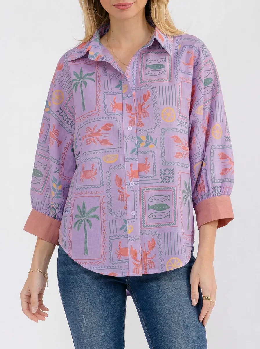 Women's Coastal Summer Lobster Palm Printed Button-up Shirt