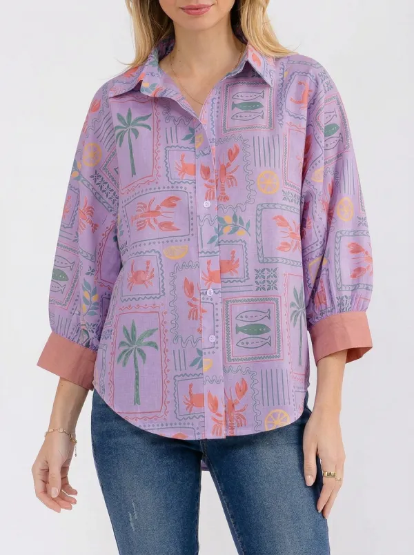 Women's Coastal Summer Lobster Palm Printed Button-up Shirt