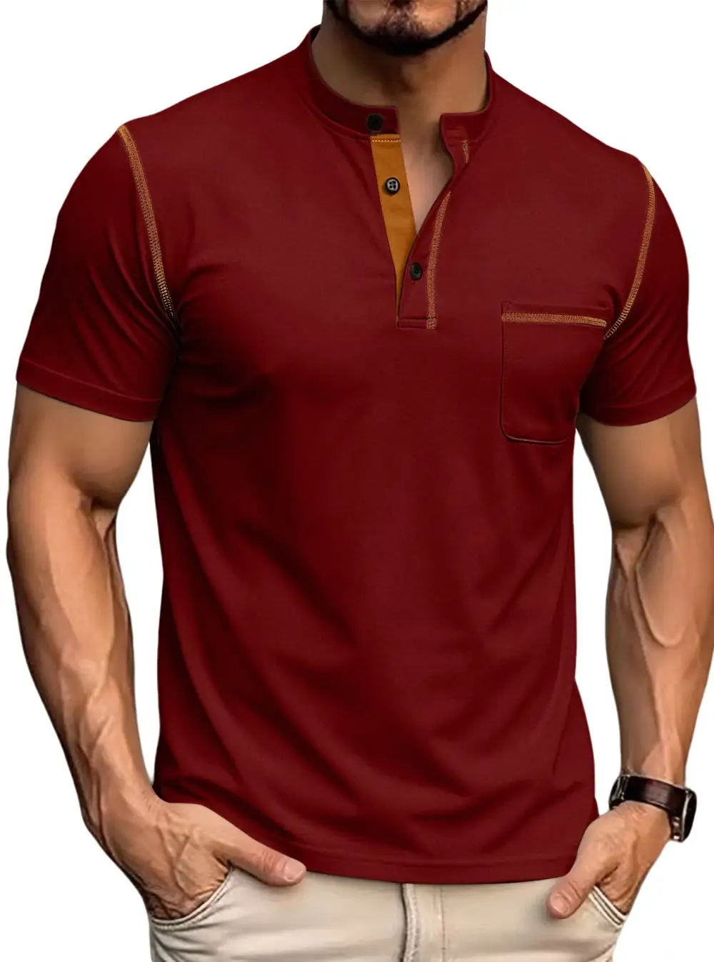 Button Placket Stand Collar Chest Pocket Cotton Polo Shirt