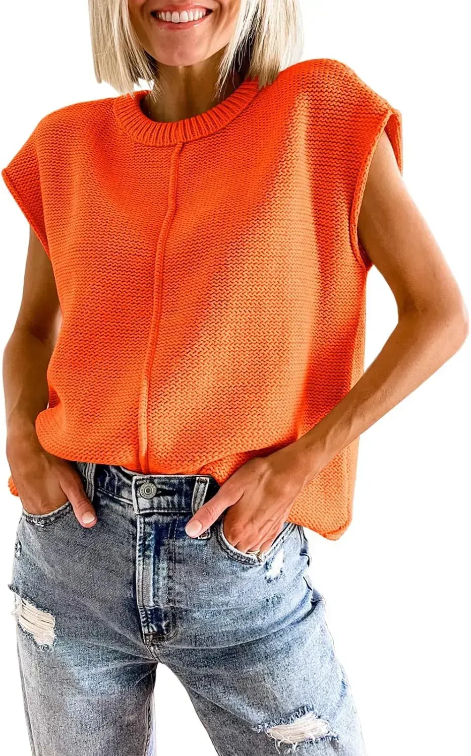 Saodimallsu Womens Summer Cap Sleeve Tops Casual Crew Neck Loose Fit Knit Lightweight Sweater Pullover Top