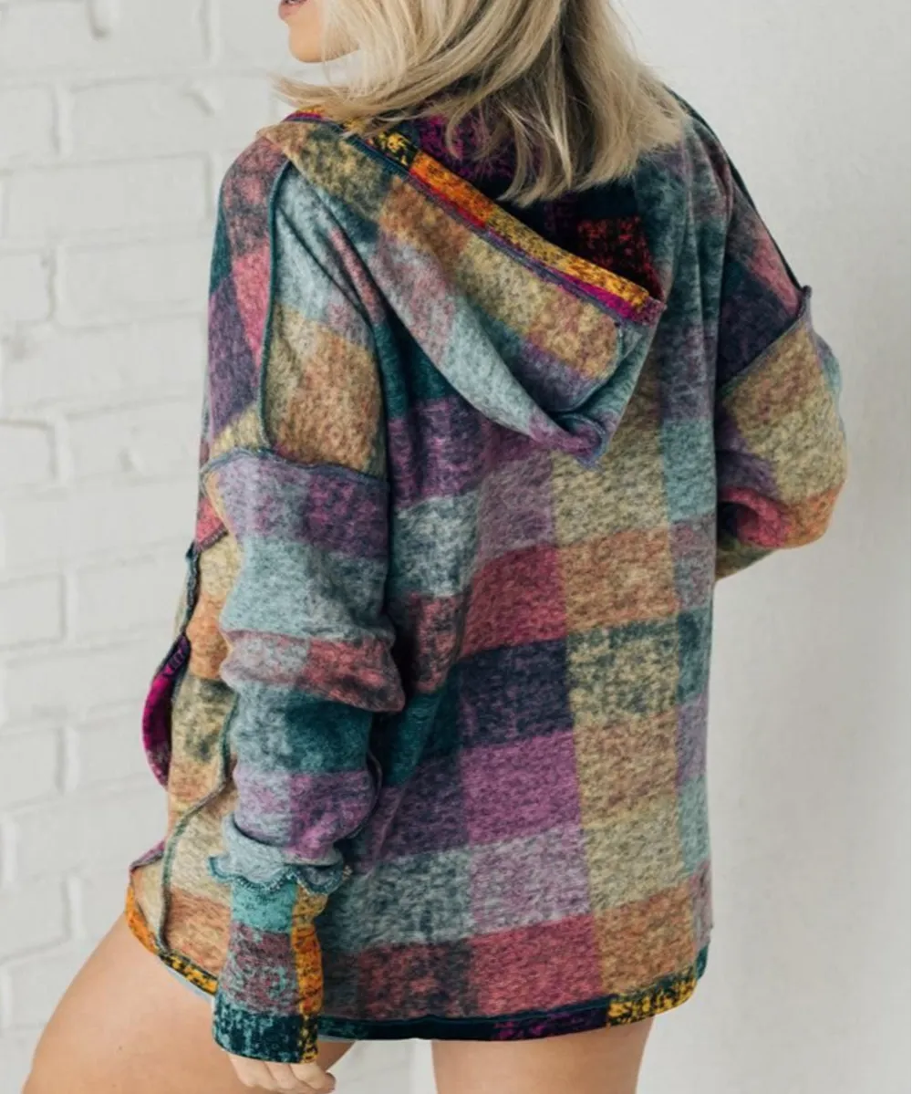 Brushed Plaid Buttoned Oversized Hoodie
