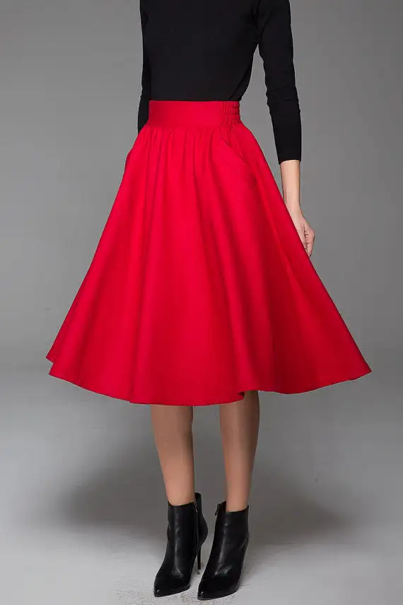 Wool Blend Elastic Waist Midi Skirt