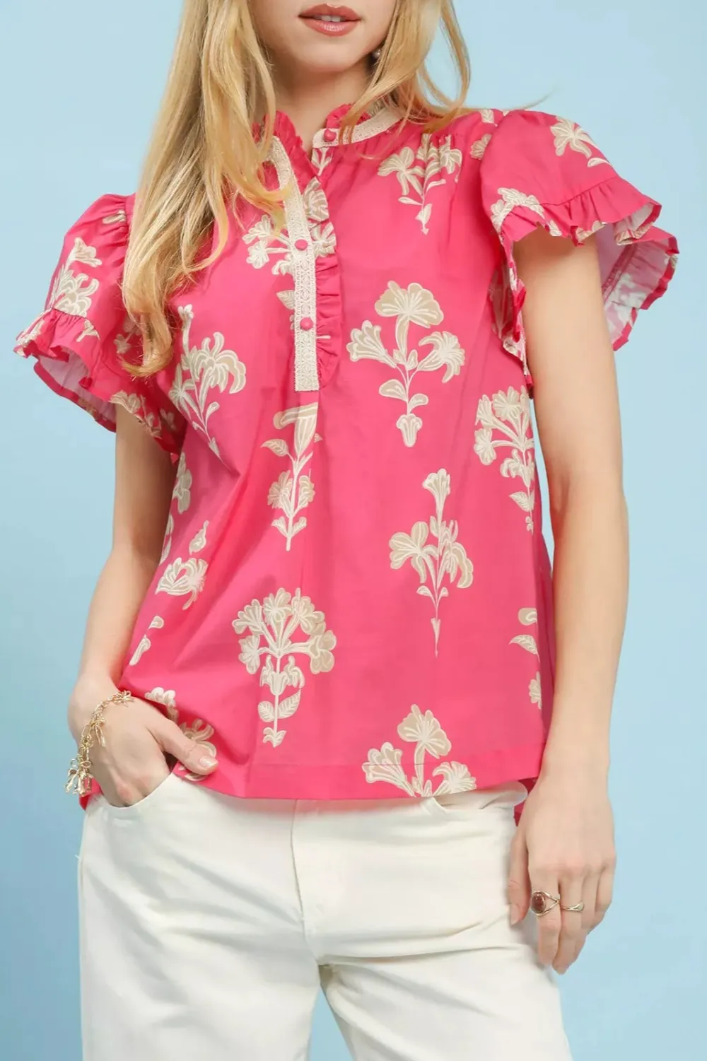 Floral Print Ruffle Sleeve Button Split-Neck Top