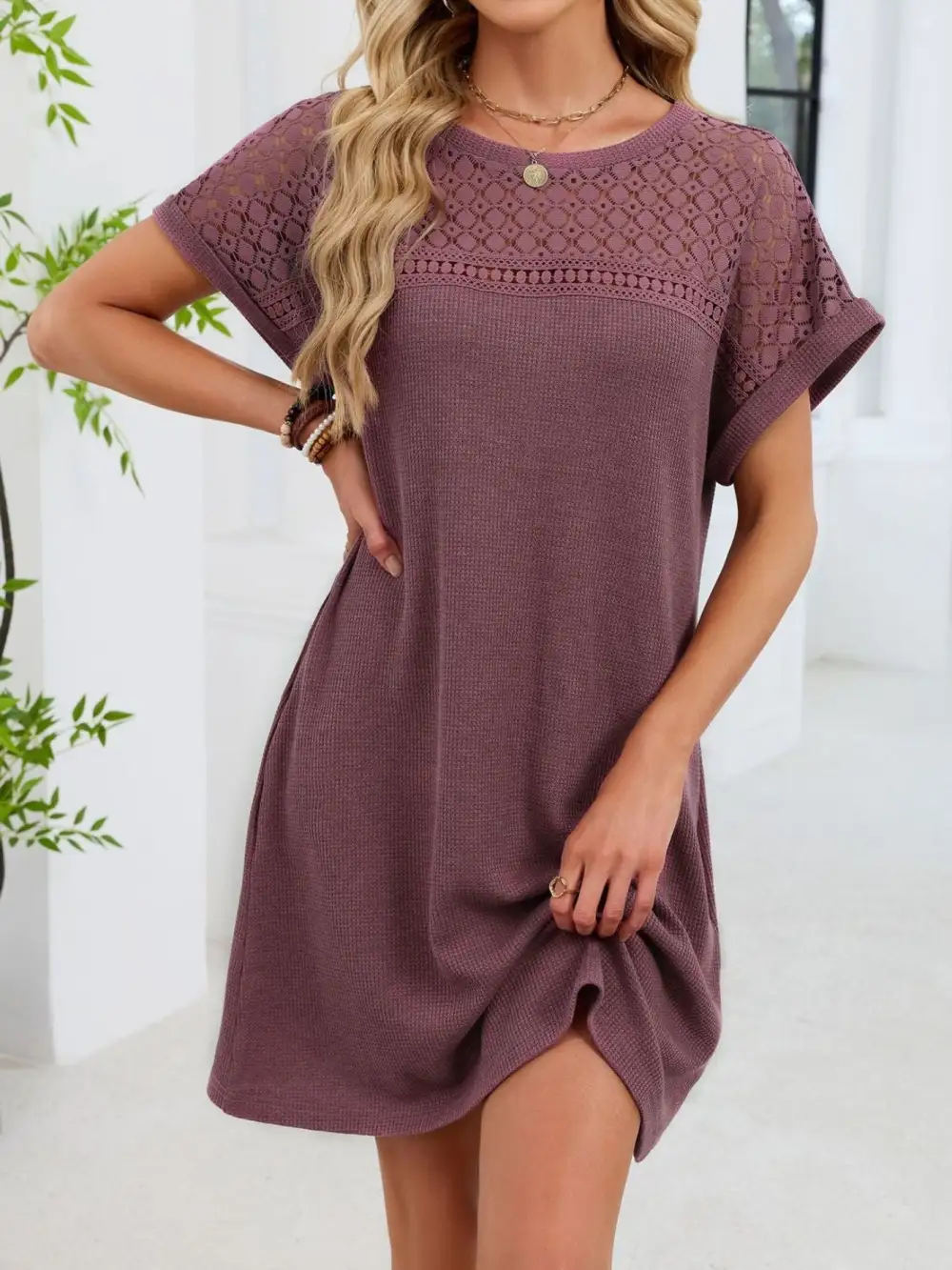 Lace Round Neck Short Sleeve Shirt Dress