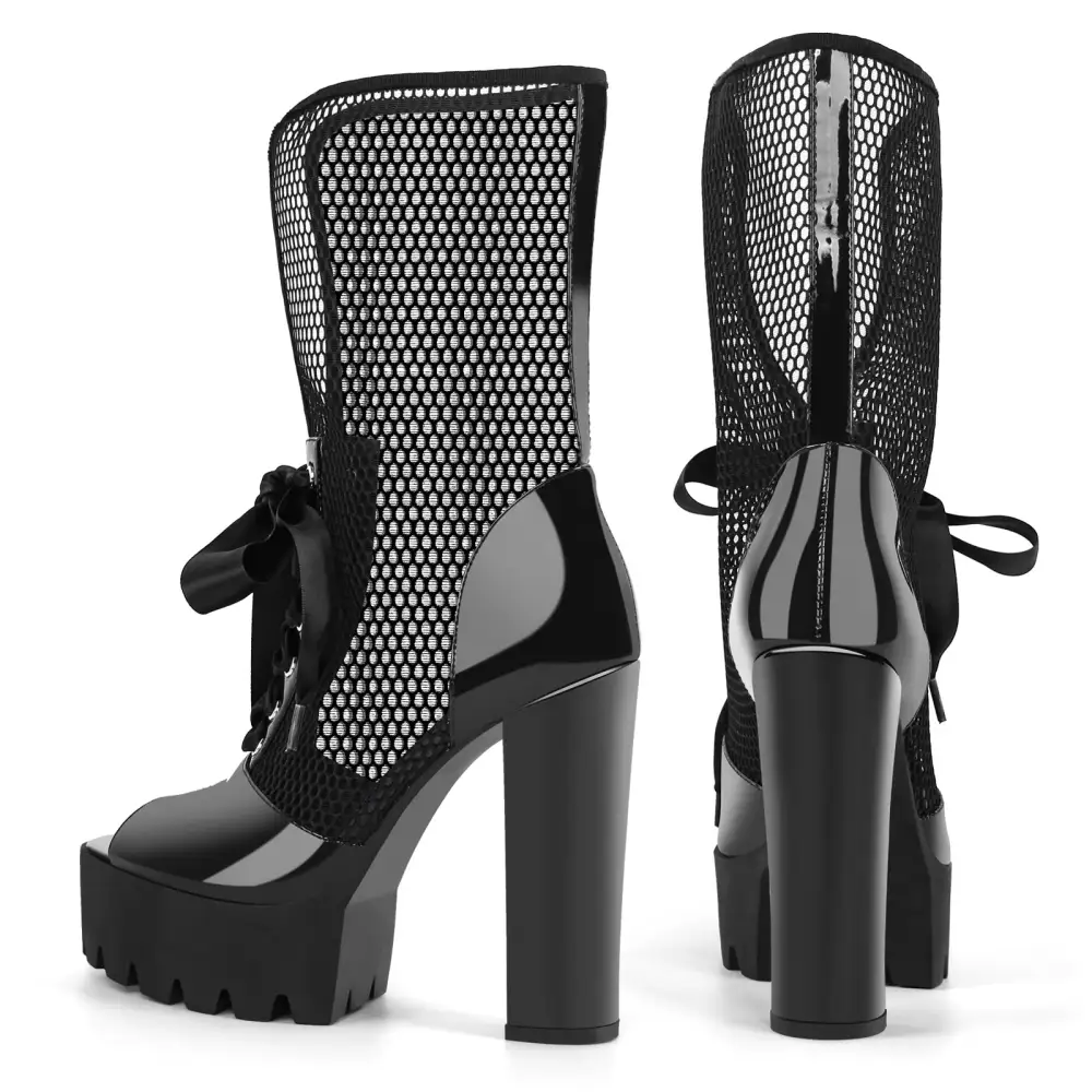 Peep Toe Mesh Platform Lace Up Boot Sandals
