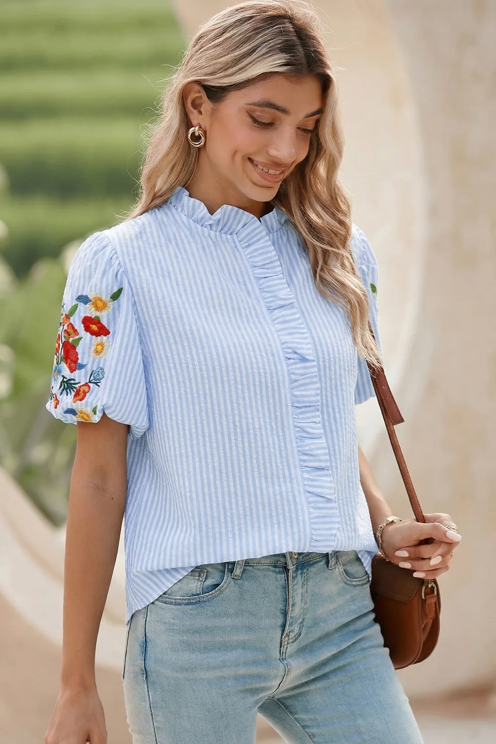Sky Blue Stripe Floral Embroidered Shirt