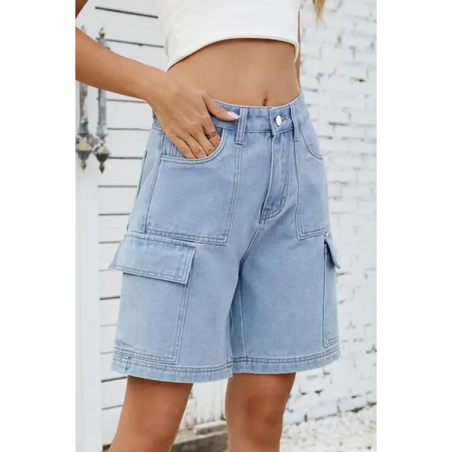 High Rise Pocketed Cargo Denim Shorts