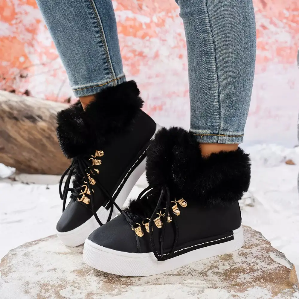 Refined Fuzzy Trim Lace-Up Ankle Boots