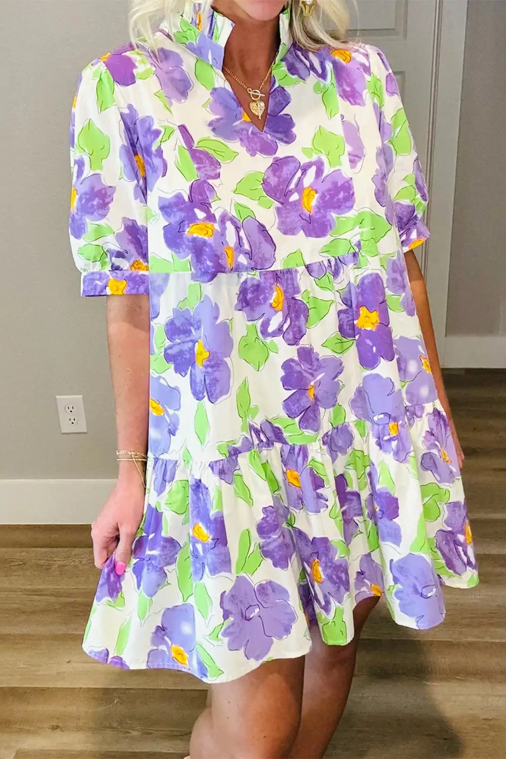 Floral V Collar Short Sleeve Tiered Ruffle Mini Dress