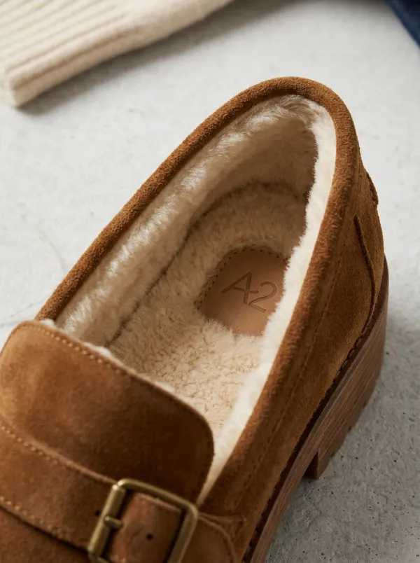 Women's Faux Fur Lined Buckle Detail Winter Suede Wood Sole Loafers