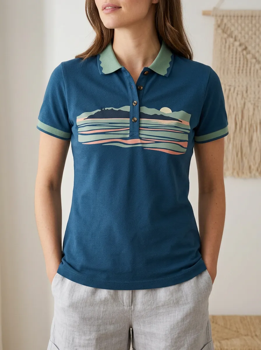 Women's Nature Landscape Sunset Printed Polo Shirt