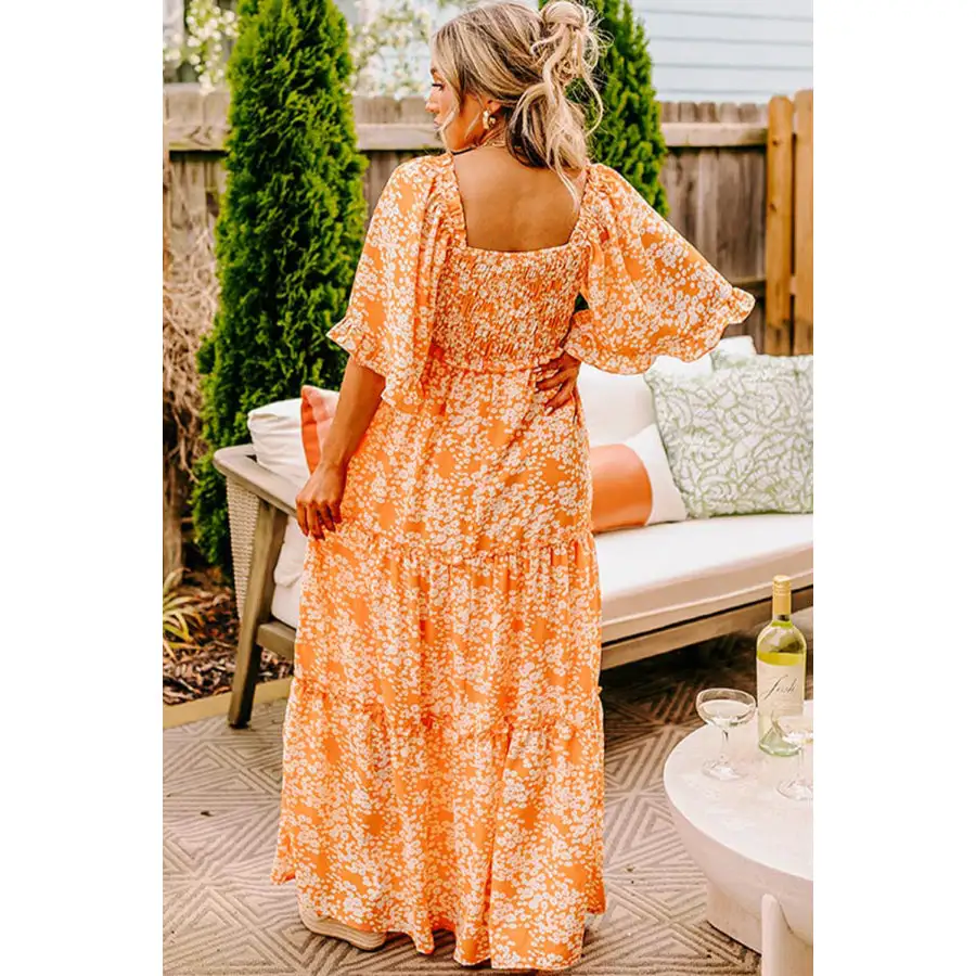 Relaxed Floral Print Smocked V Neck Wide Sleeve Maxi Dress