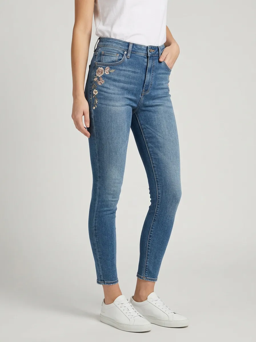 Women's Floral Embroidery Side Printed Slim Jeans