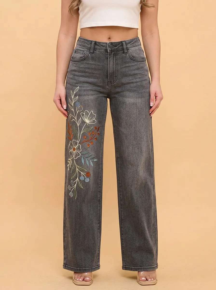 Women's Botanical Straight-Cut Embroidered Wide-Leg Stretch Jeans