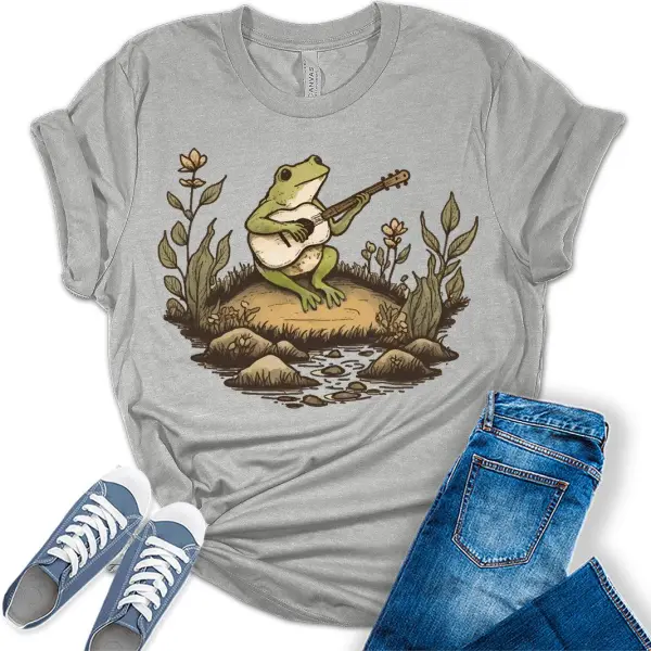 Frog Shirt Womens Cottagecore Shirts Cute Toad Playing Banjo Clothes Graphic Aesthetic T-Shirt