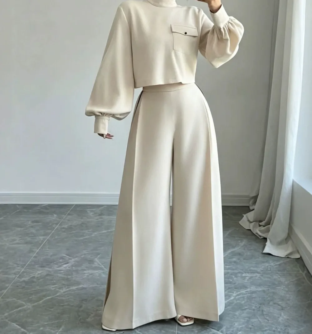 Wide-Leg Long-Sleeve Knit Women's Matching Set