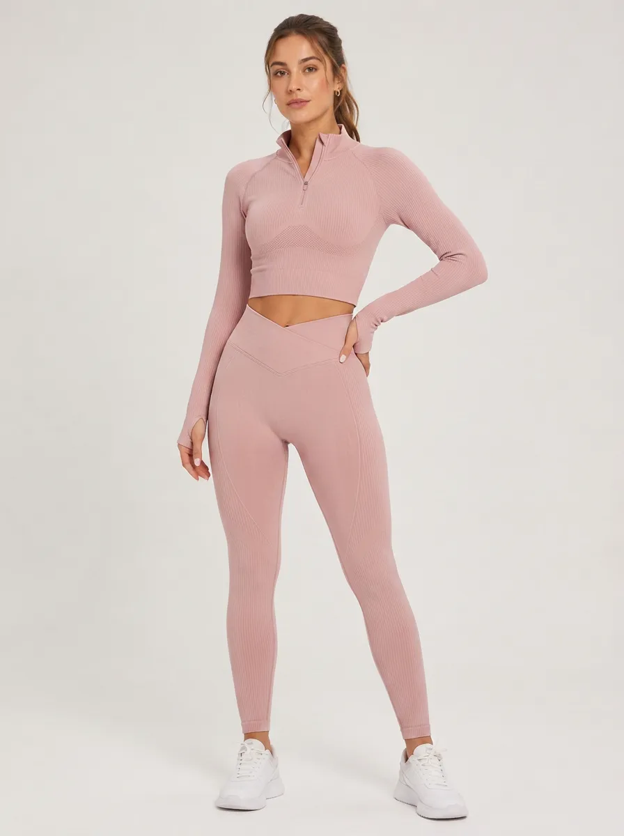 Women's Gym Fitness Pink Ribbed Seamless Half-Zip Legging Set