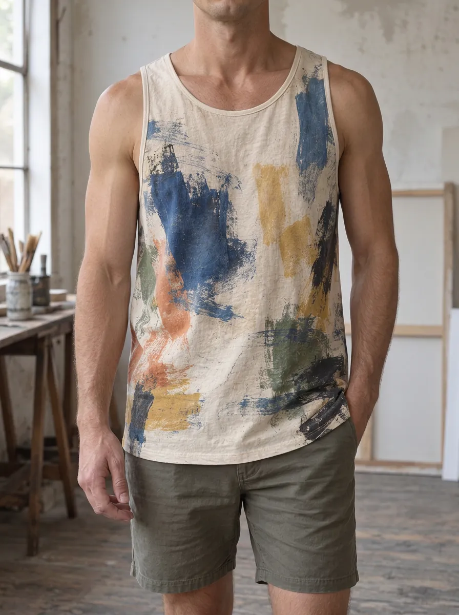 Men's Artistic Abstract Brushstroke Linear Tank Top