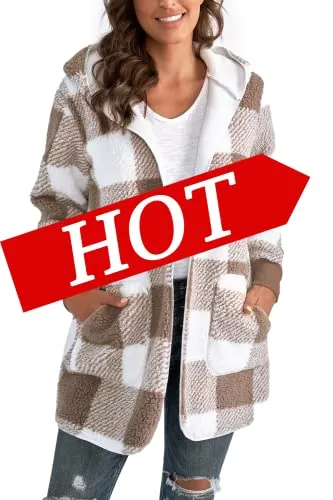 Womens Fuzzy Fleece Open Front Hooded Cardigan Jackets Sherpa Coat with Pockets
