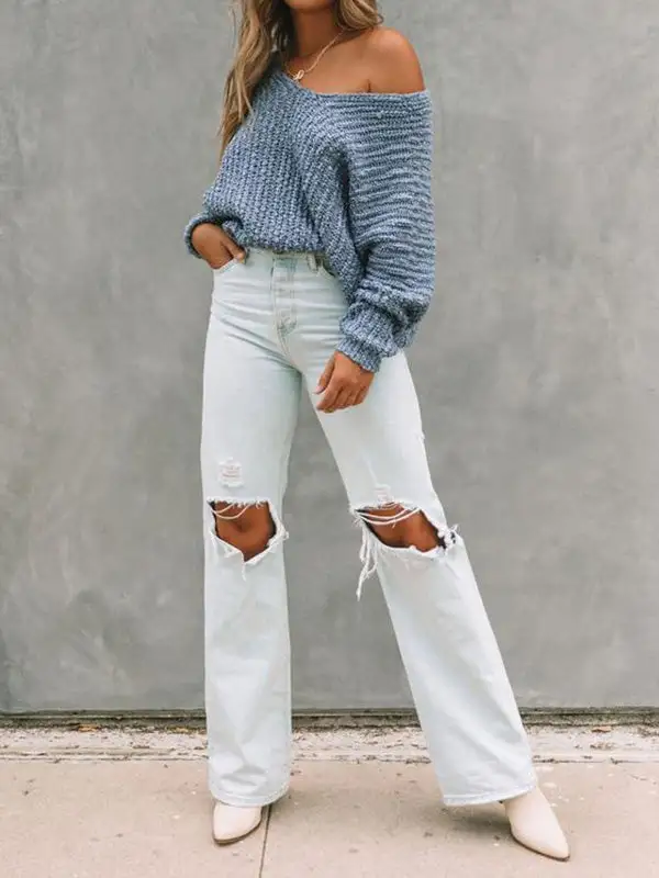 V-Neck Long Sleeve Relaxed Fit Pullover Sweater