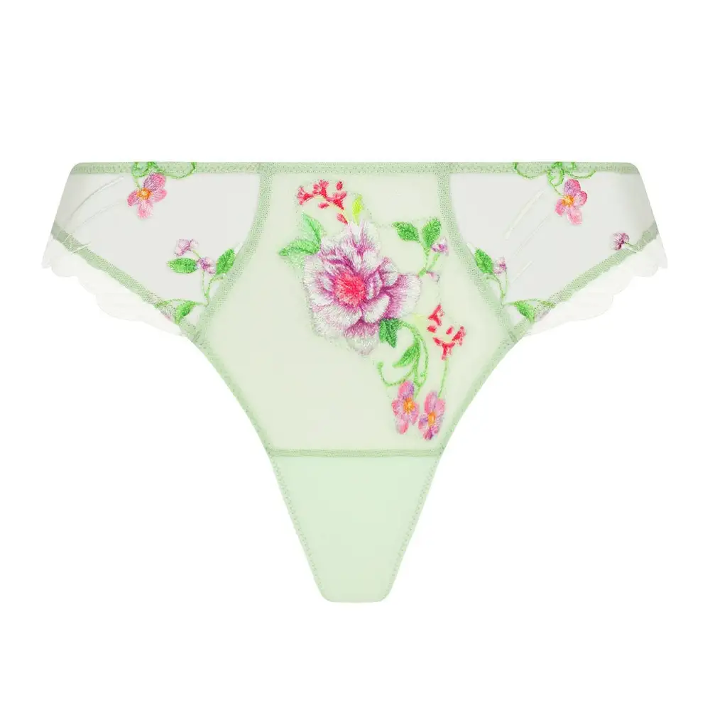 Women's High Cut Seamless Cotton Gusset Scalloped Lace Floral Embroidery Mesh Sheer Detail Cotton Satin Decorative Bow Soft Fabric Tanga Panty