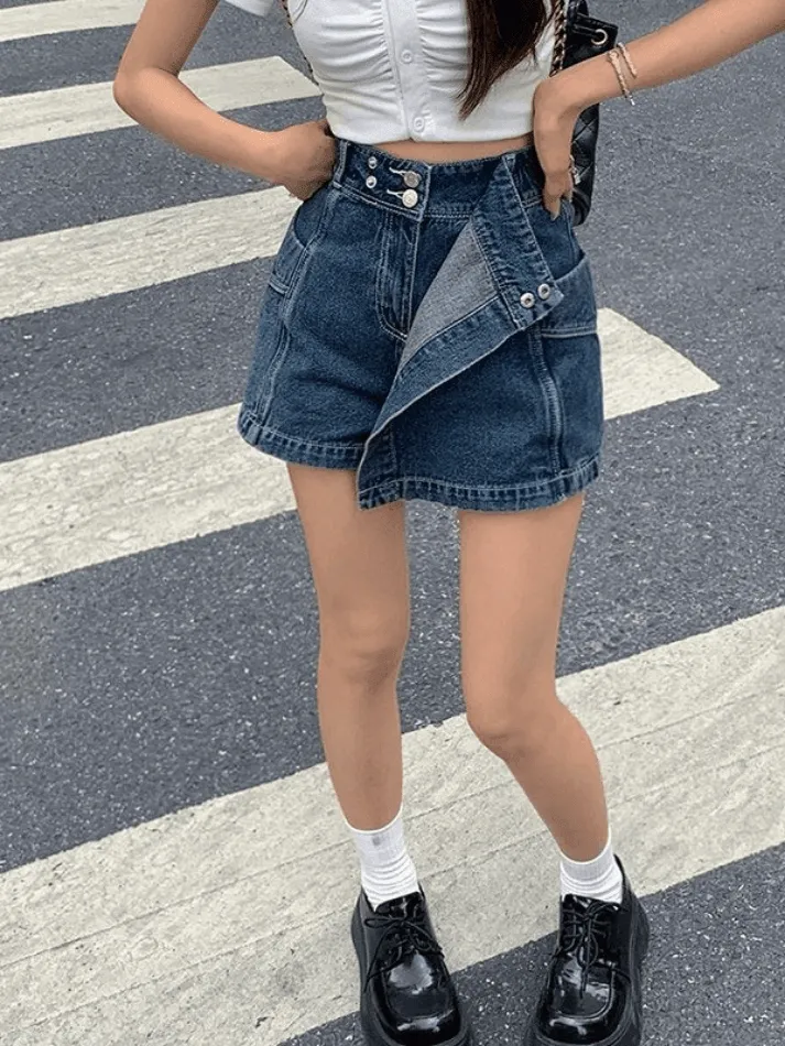 High Waist Asymmetric Denim Shorts
