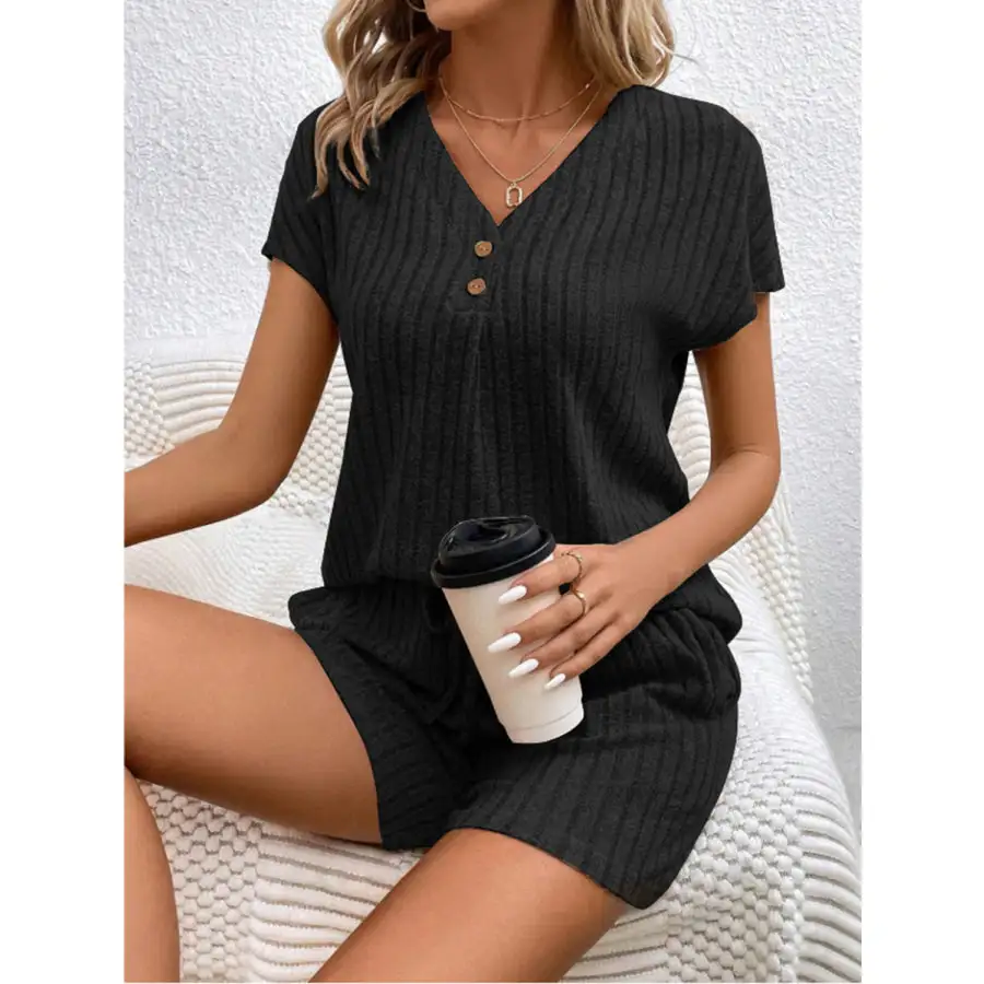Ribbed V Neck Top and Shorts Set