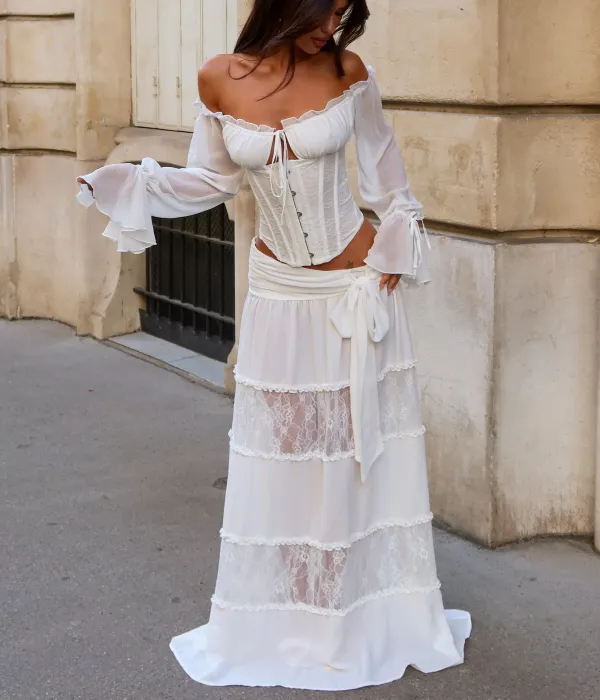 White Tiered Lace Insert Maxi Skirt