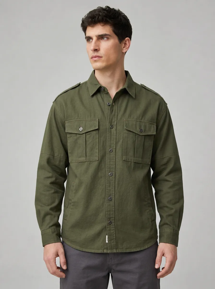 Men's Military Style Olive Green Double Pocket Button Down Shirt