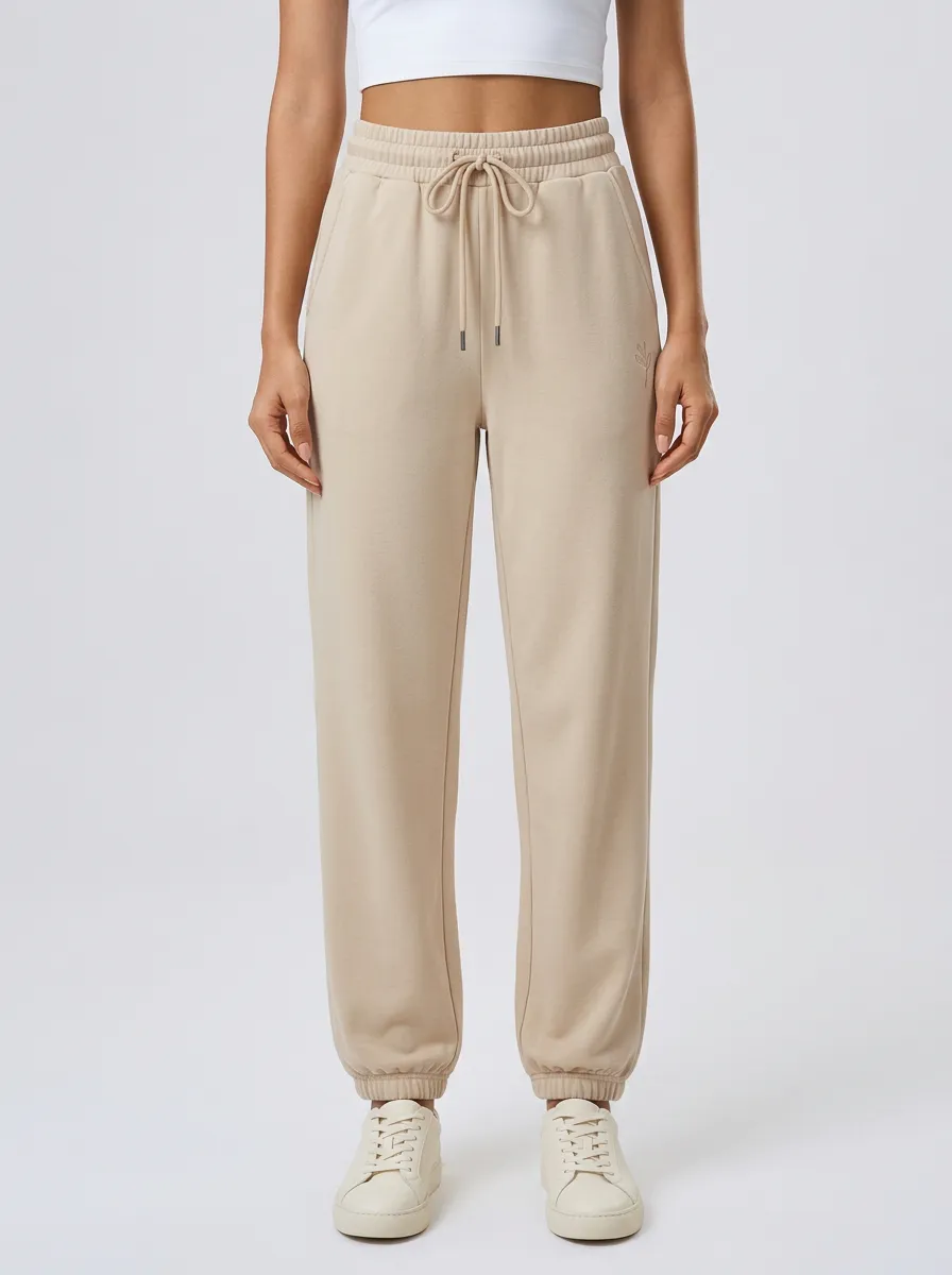 Women's Casual Minimalist Beige Solid Color Embroidered Jogger Pants