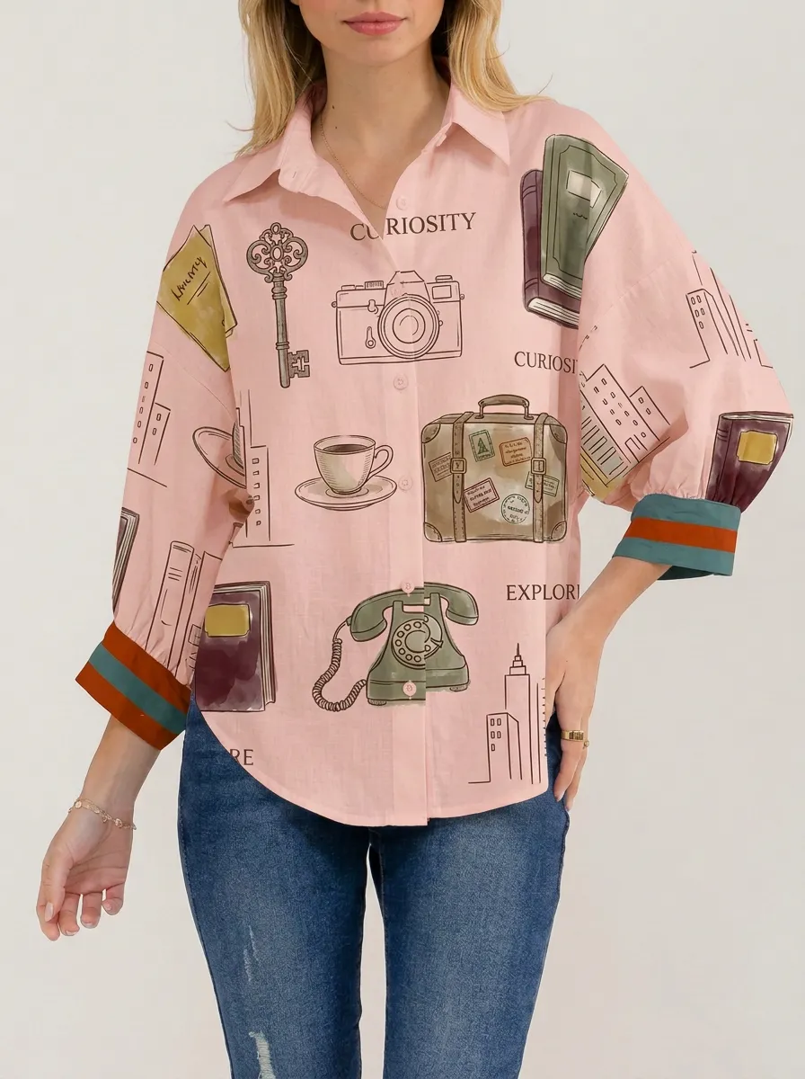 Women's Travel Vintage Object Graphic Button-Up Shirt