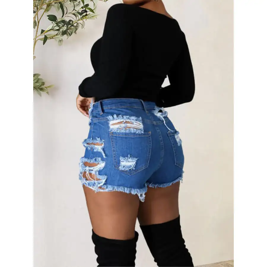 Distressed Raw Hem Denim Shorts with Pockets