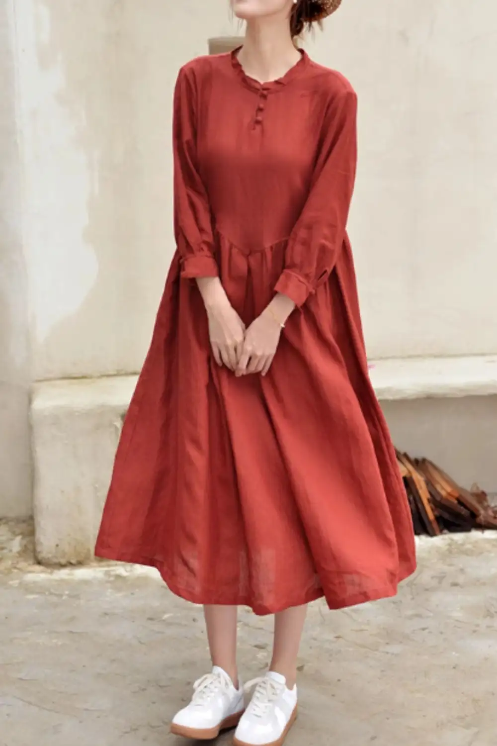 Relaxed Linen Long Sleeve Midi Dress