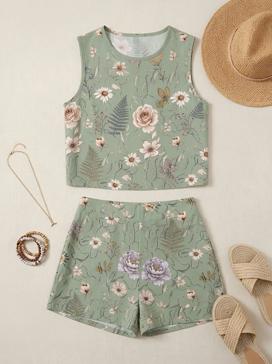 Women's Botanical Garden Floral Printed Sleeveless Set
