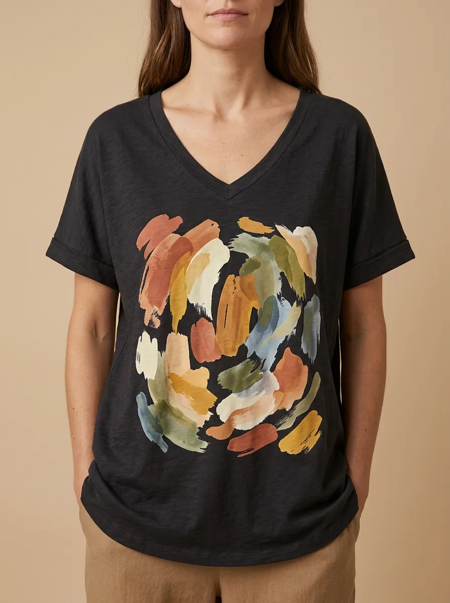 Women's Abstract Art Lover Colorful Brushstroke Printed V-neck T-shirt