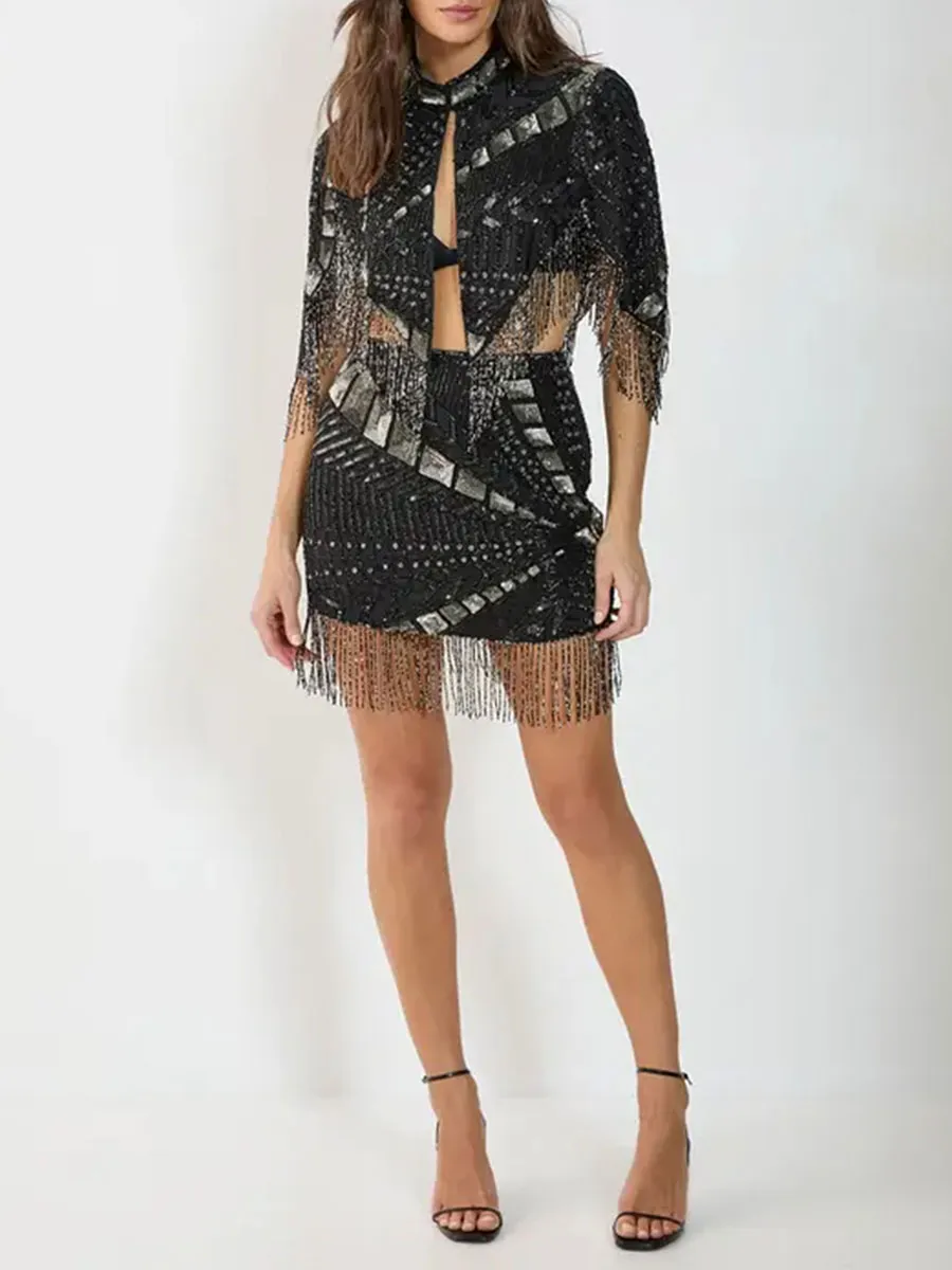 Women's Black & Silver Sequin Fringe Mini Skirt