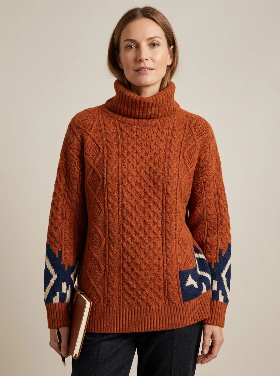 Women's Cable-Knit Turtleneck Sweater with Geometric Pattern