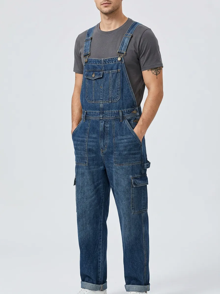 Men's Vintage-Inspired Cargo-Pocket Denim Bib Overalls
