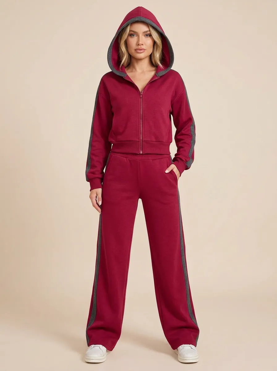 Women's Contrast-Stripe Zip-Up Hoodie & Wide-Leg Pants Drawstring-Waist Side-Stripe Set
