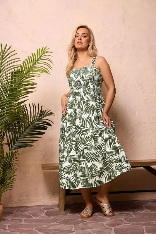 Green Palm Leaf Shirred Linen Maxi Dress