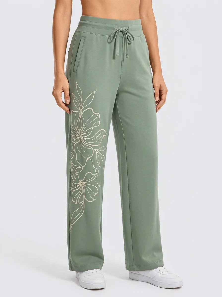 Women's Sage Green Side Pockets Wide-Leg Sweatpants