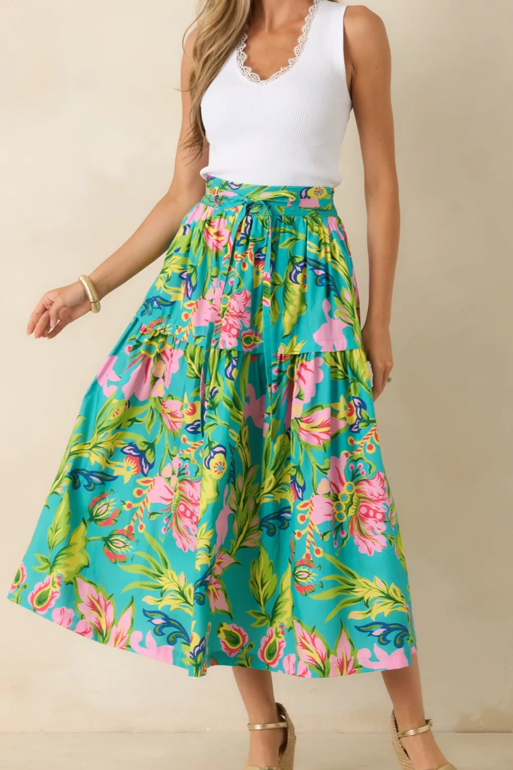 Jade Tropical Floral Cotton Midi Skirt