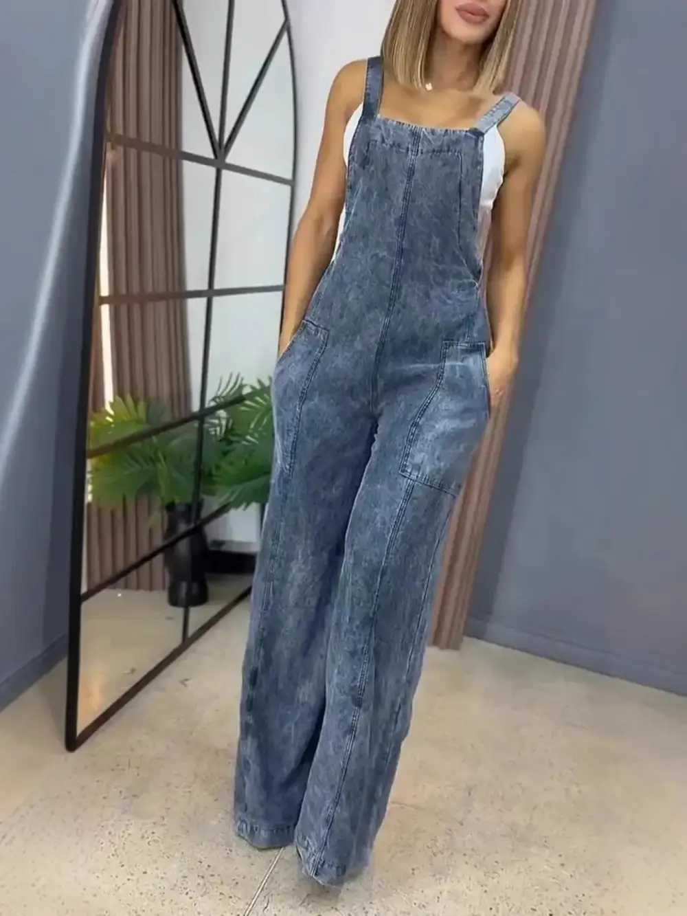 Relaxed Denim Wide Leg Overalls