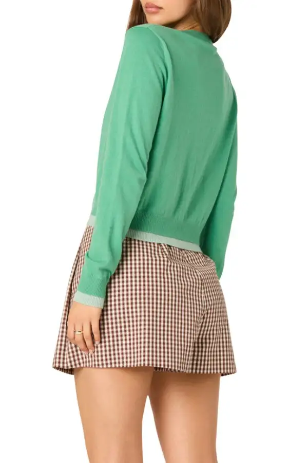 Green Contrast Trim Knit Cardigan