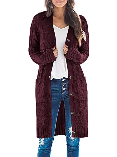 Womens Long Sleeve Cable Knit Long Cardigan Open Front Button Sweater Outerwear