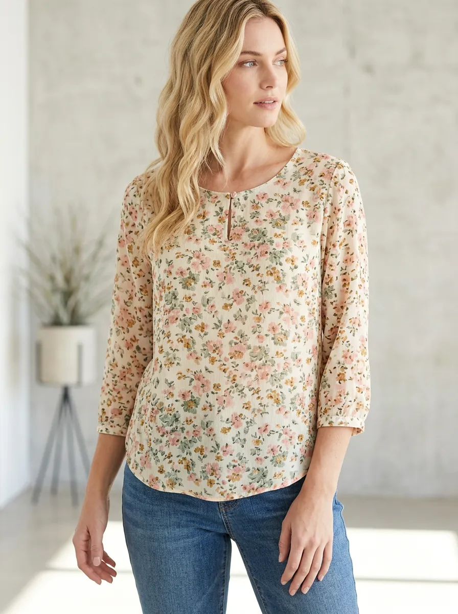 Easygoing Floral Women's Three-Quarter Sleeve Top