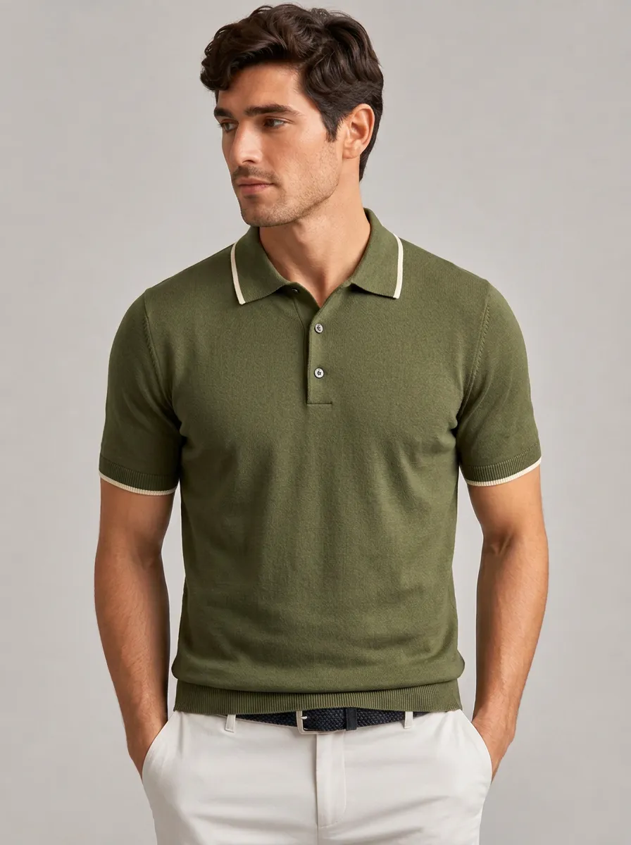 Men's Equestrian Lover Olive Green Contrast Trim Tipped Knit Polo Shirt