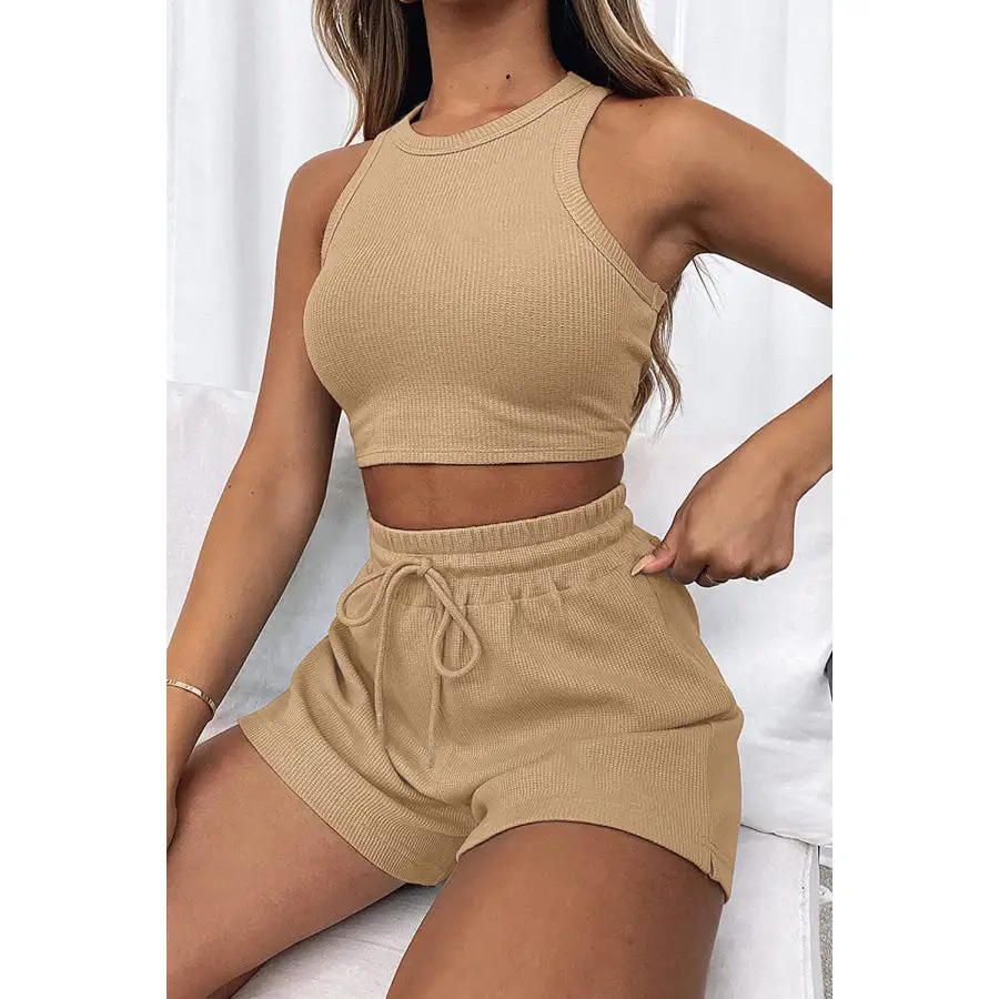 Relaxed Round Neck Top and Drawstring Shorts Set
