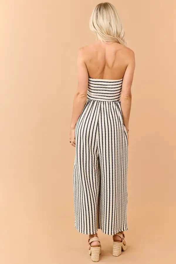 Cream And Striped Strapless Jumpsuit