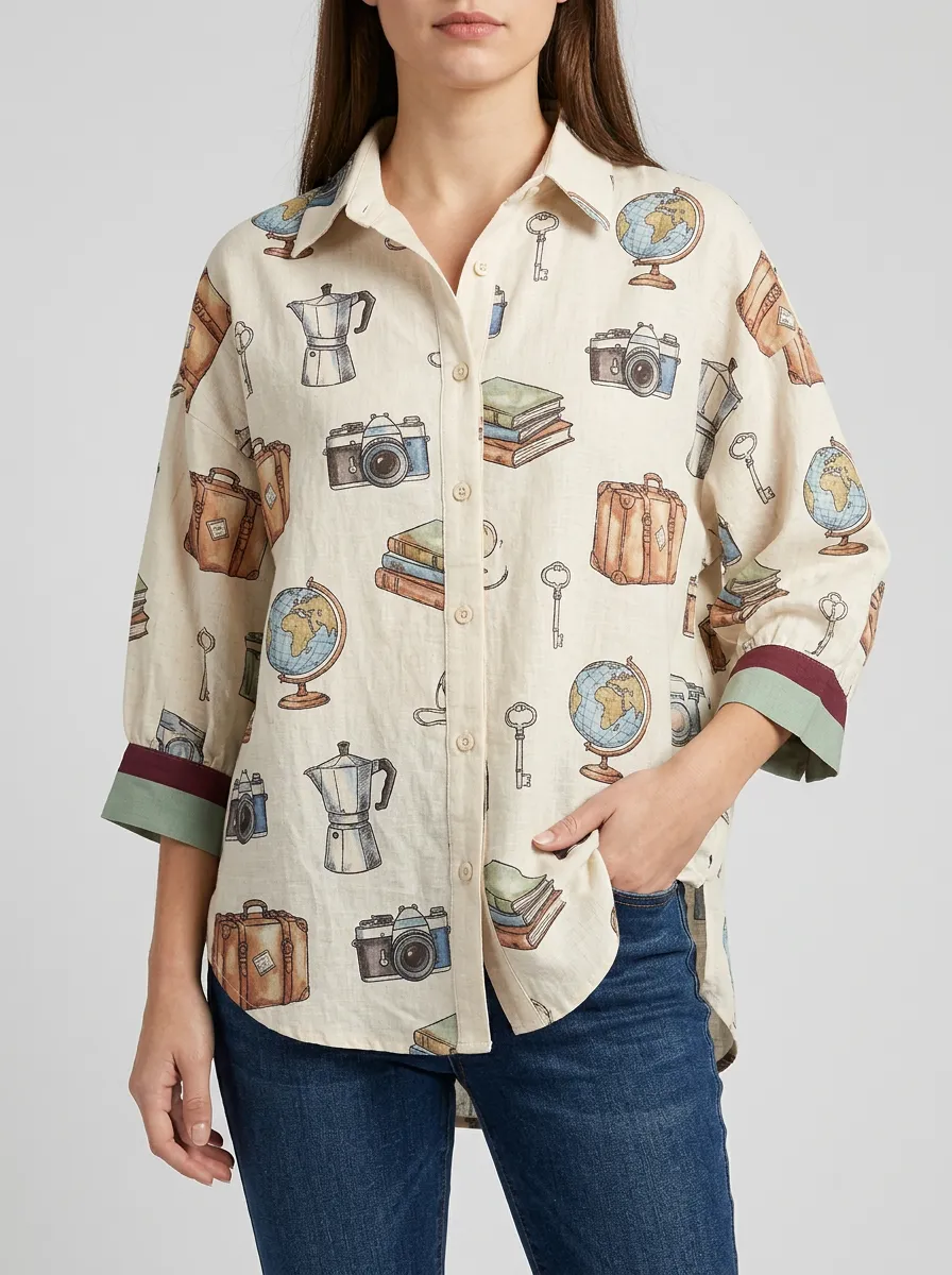 Women's Travel Lover Globe Camera Suitcase Printed Shirt